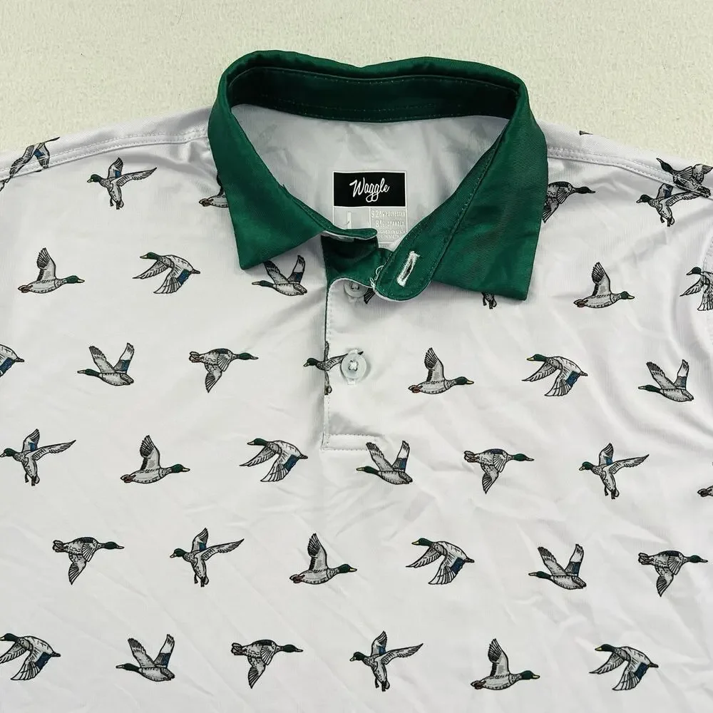 Waggle Boy Green Duck Mallard Print Performance Stretch Golf Polo Shirt Youth L